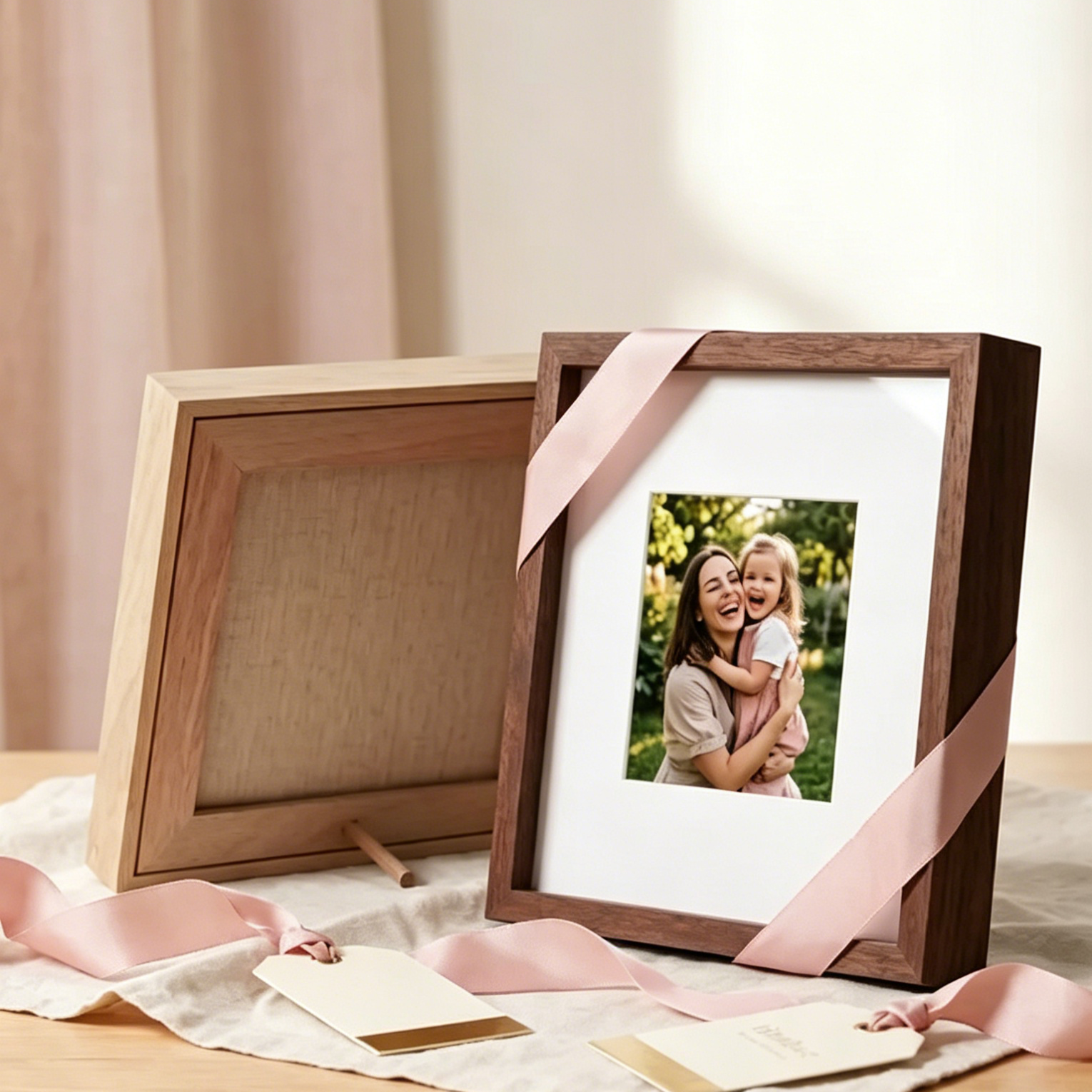 Wooden photo frame with a pink ribbon on a wooden surface, with a blurred background.