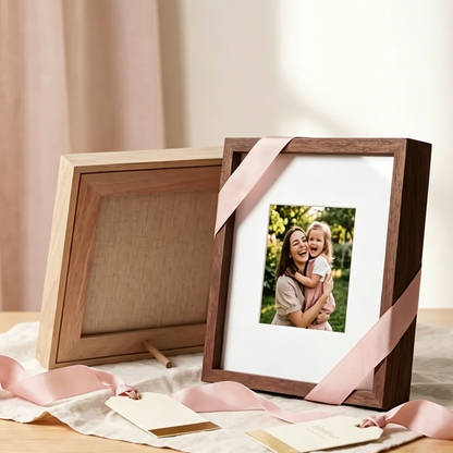 Wooden photo frame with a pink ribbon on a wooden surface, with a blurred background.