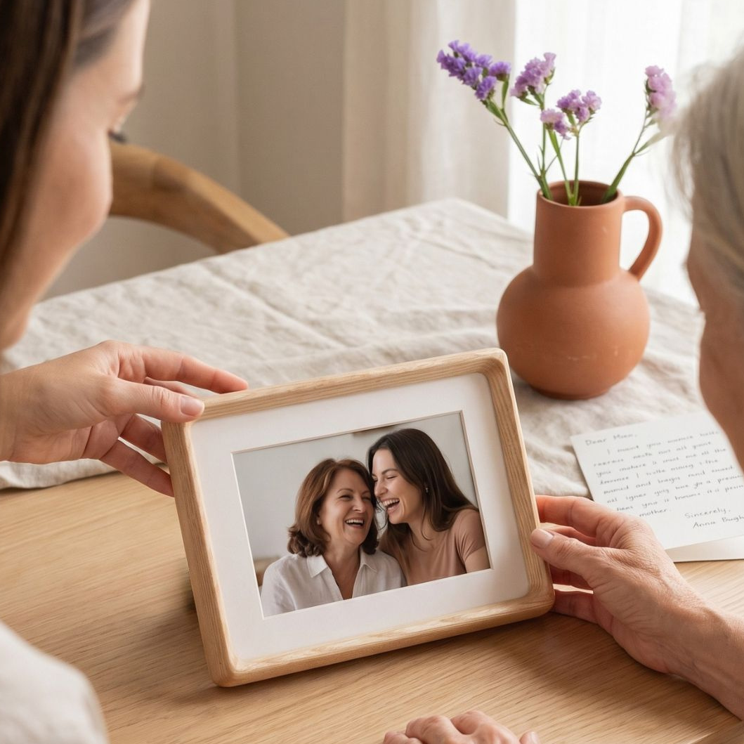 Two people looking at a photo frame with a picture of two women on a table.