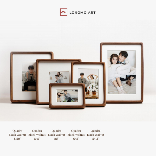 Set of wooden photo frames with different sizes on a white background, branded as LONGMO ART.