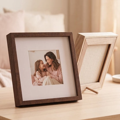 Framed photograph of a woman and child on a wooden table with a blurred background